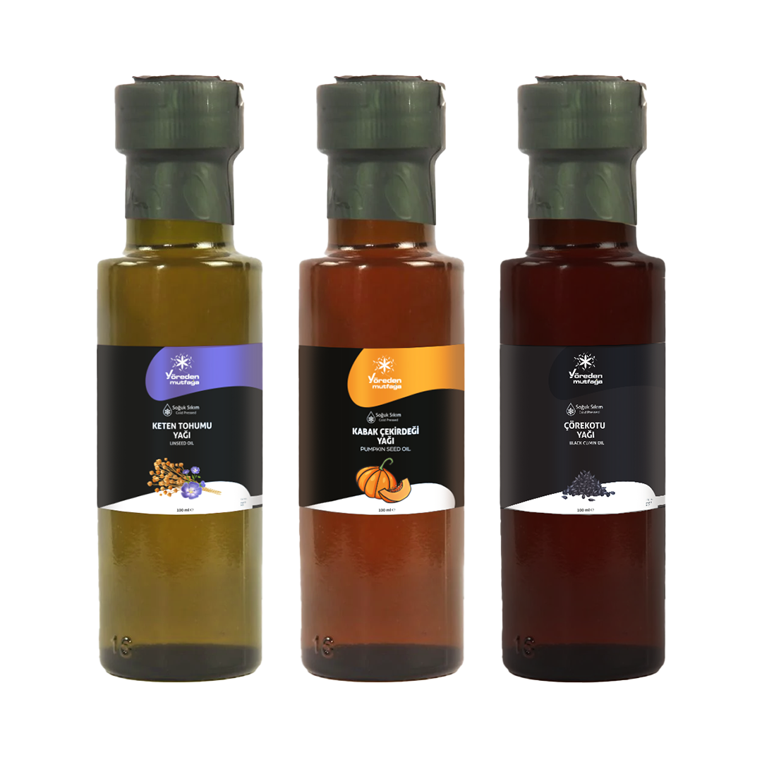 3'lü Şifalı Yağlar Paketi [Keten Tohumu, Kabak Çekirdeği, Çörek Otu Yağı] 3 Adet x 100 mL