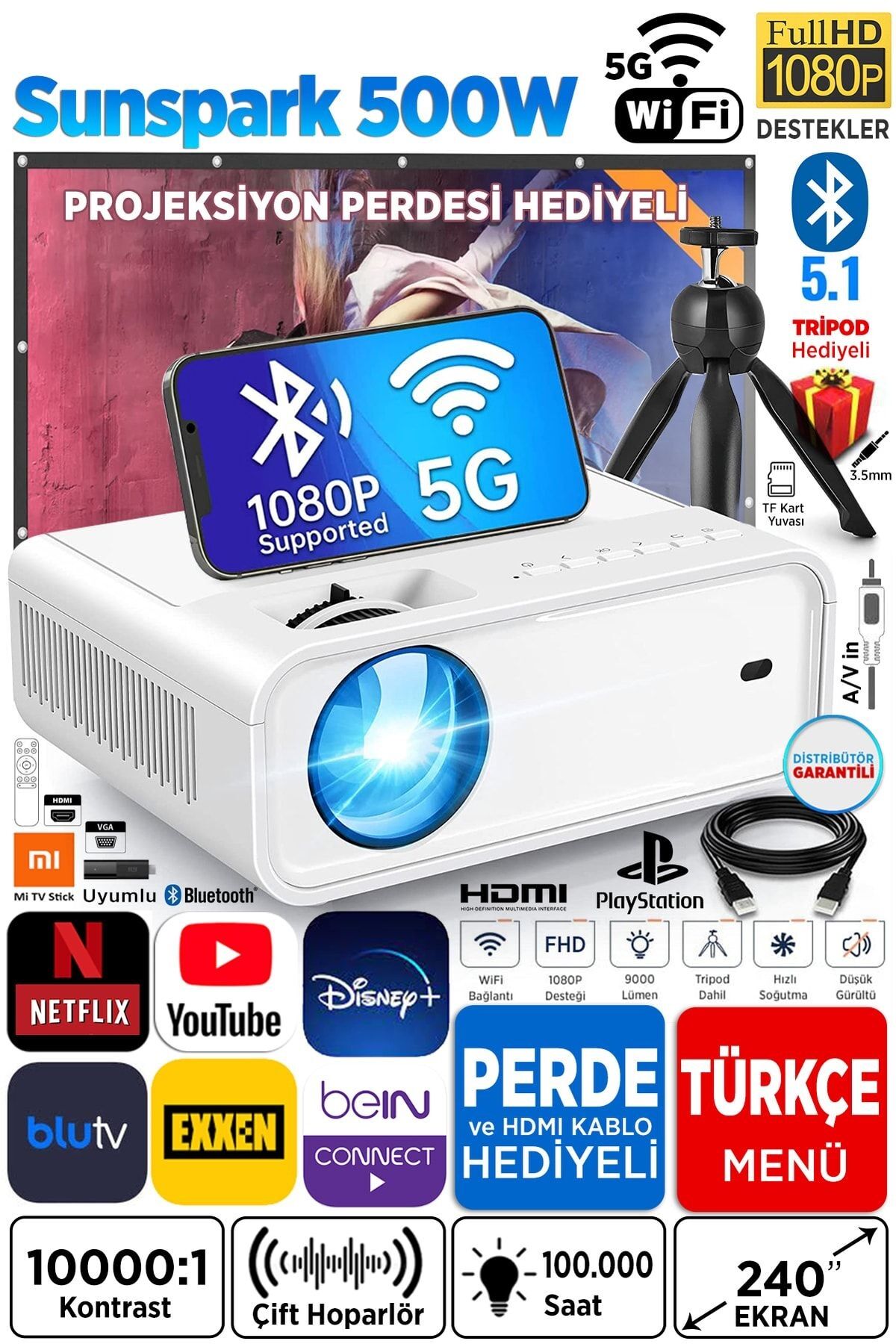 Sunspark 500w 1080p Destekli Wifi + Bluetooth Projeksiyon Cihazı - 240 Inç Yansıtma -dahili Hoparlör