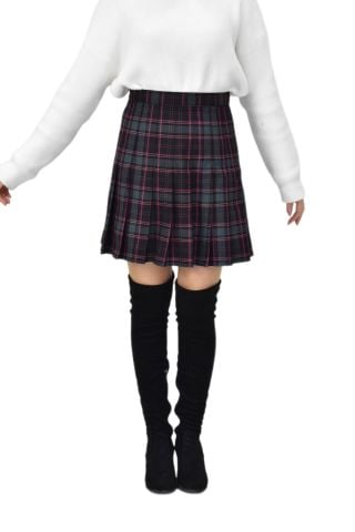 Kadın Ekose Kolej Etek Yeşil Fuşya OSMANMA-34