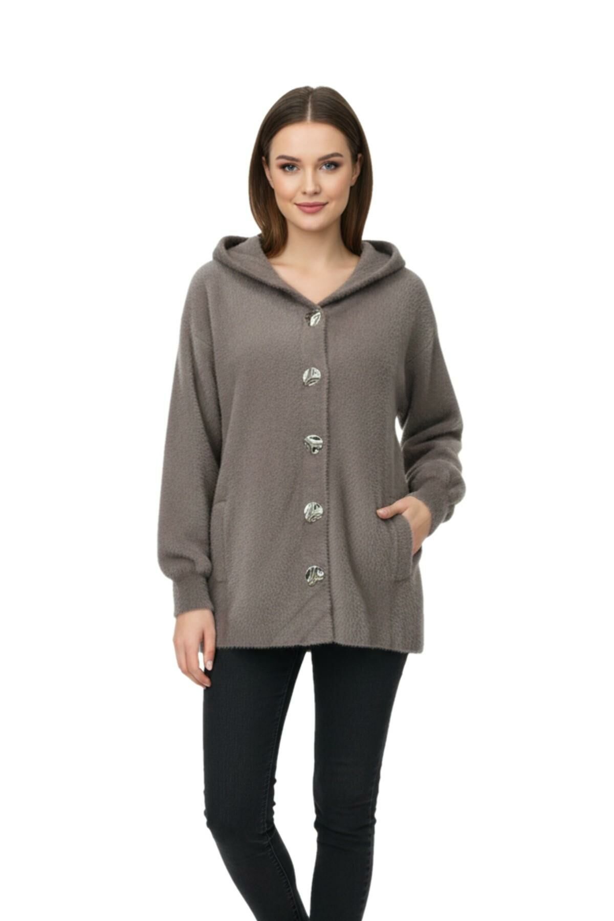 Kadın Kapüşonlu Spor Düğmeli Triko Sakallı Hırka BGL-ST05073