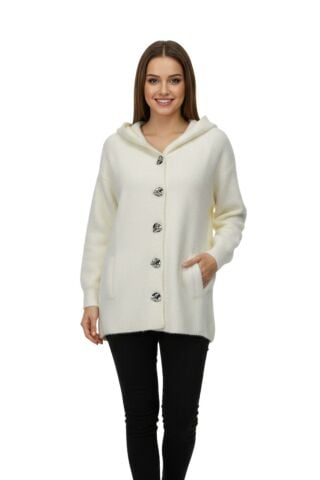 Kadın Kapüşonlu Spor Düğmeli Triko Sakallı Hırka BGL-ST05073