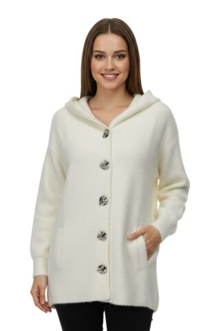 Kadın Kapüşonlu Spor Düğmeli Triko Sakallı Hırka BGL-ST05073