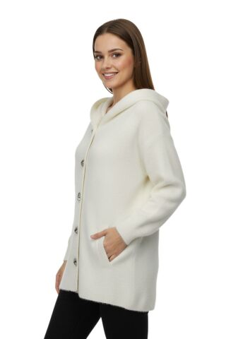 Kadın Kapüşonlu Spor Düğmeli Triko Sakallı Hırka BGL-ST05073