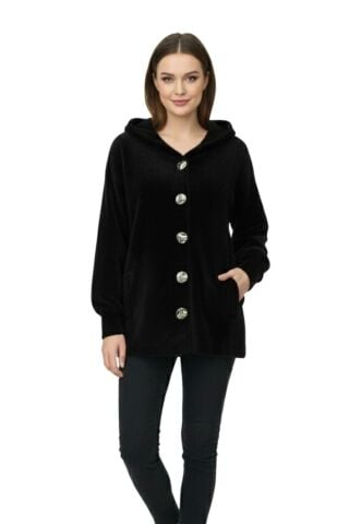 Kadın Kapüşonlu Spor Düğmeli Triko Sakallı Hırka BGL-ST05073