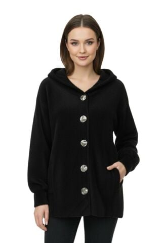 Kadın Kapüşonlu Spor Düğmeli Triko Sakallı Hırka BGL-ST05073