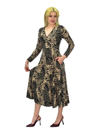 Kadın Viskon Leopar Desenli  V Yaka Elbise BGL-ST03536