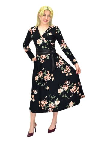 Kadın Çiçekli Krep V Yaka Elbise BGL-ST03538