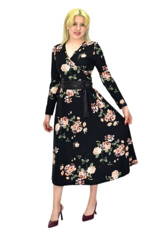 Kadın Çiçekli Krep V Yaka Elbise BGL-ST03538