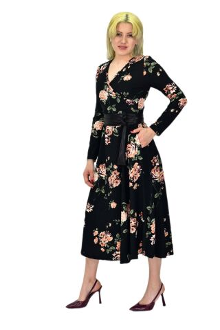 Kadın Çiçekli Krep V Yaka Elbise BGL-ST03538