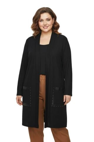 Kadın Siyah Uzun Hırka Deri Görünümlü Cep Detaylı BGL-ST05192