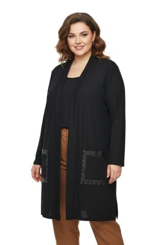 Kadın Siyah Uzun Hırka Deri Görünümlü Cep Detaylı BGL-ST05192