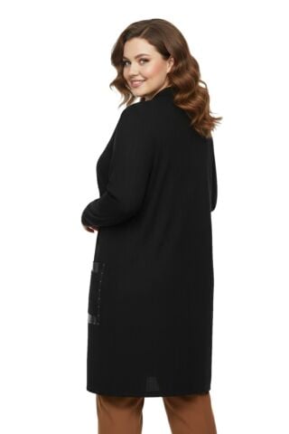 Kadın Siyah Uzun Hırka Deri Görünümlü Cep Detaylı BGL-ST05192