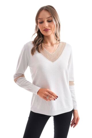 Kadın V Yaka Simli Kol Detaylı Kazak 12787 BGL-ST04108