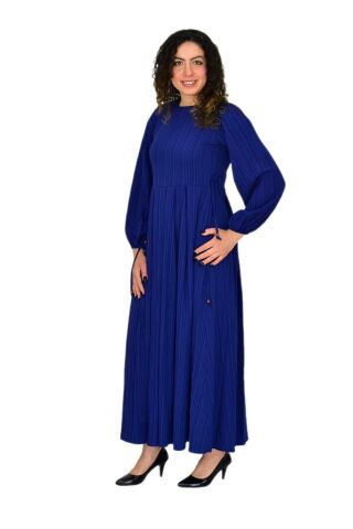 Kadın Lacivert  Kol Lastikli Pileli Bağcıklı Elbise BGL-ST04643