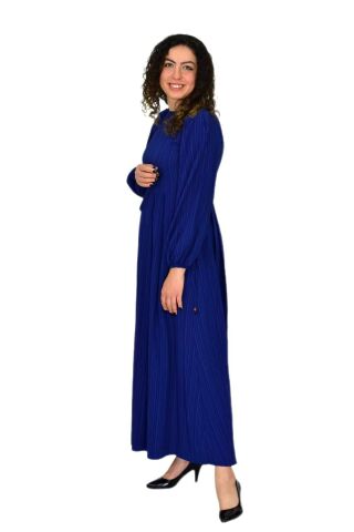 Kadın Lacivert  Kol Lastikli Pileli Bağcıklı Elbise BGL-ST04643
