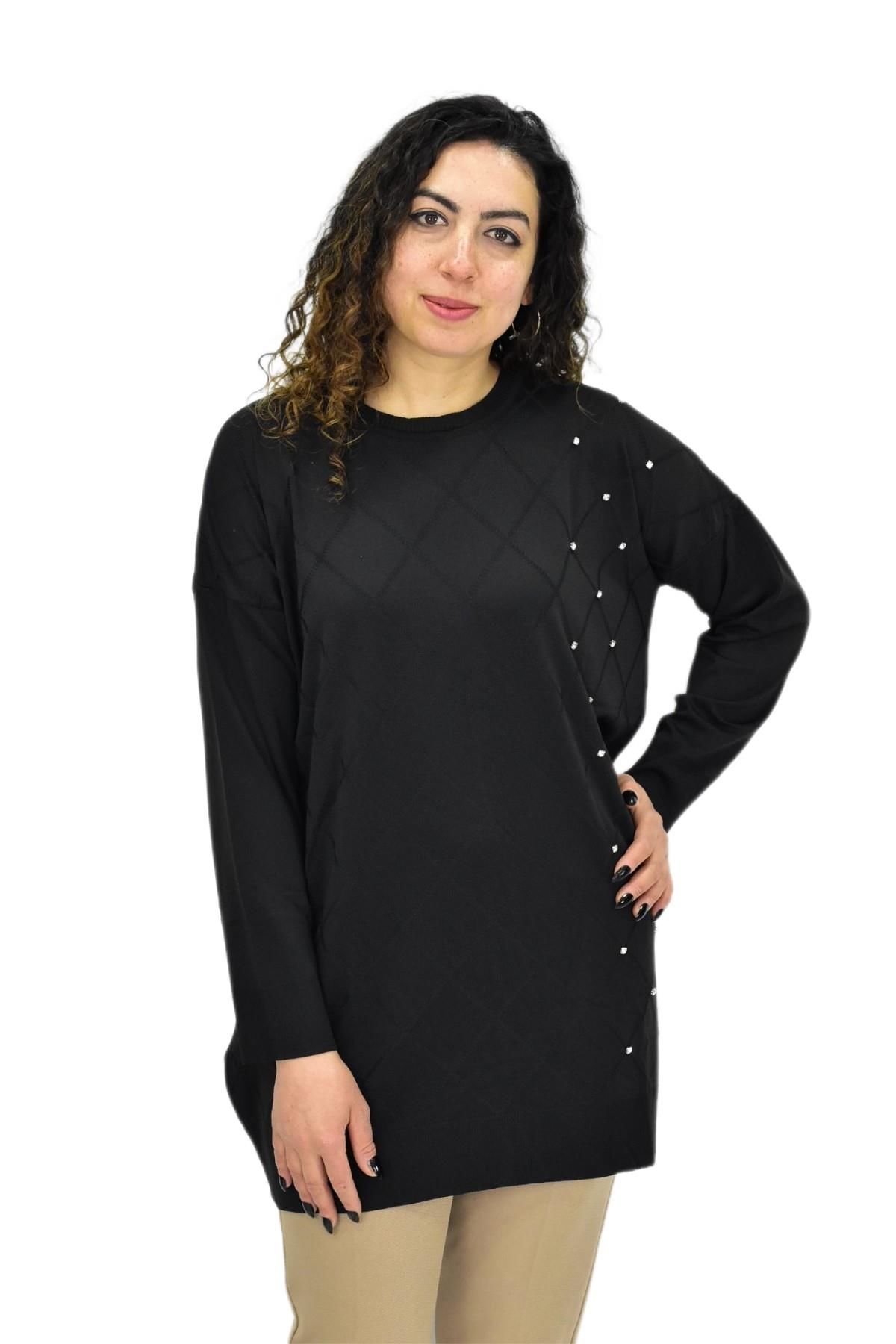 Kadın Taşlı Baklava Desen Oversize Kazak BGL-ST04084