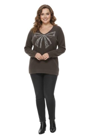 Kadın V Yaka İnci Modelli Sakallı Triko Kazak BGL-ST05078