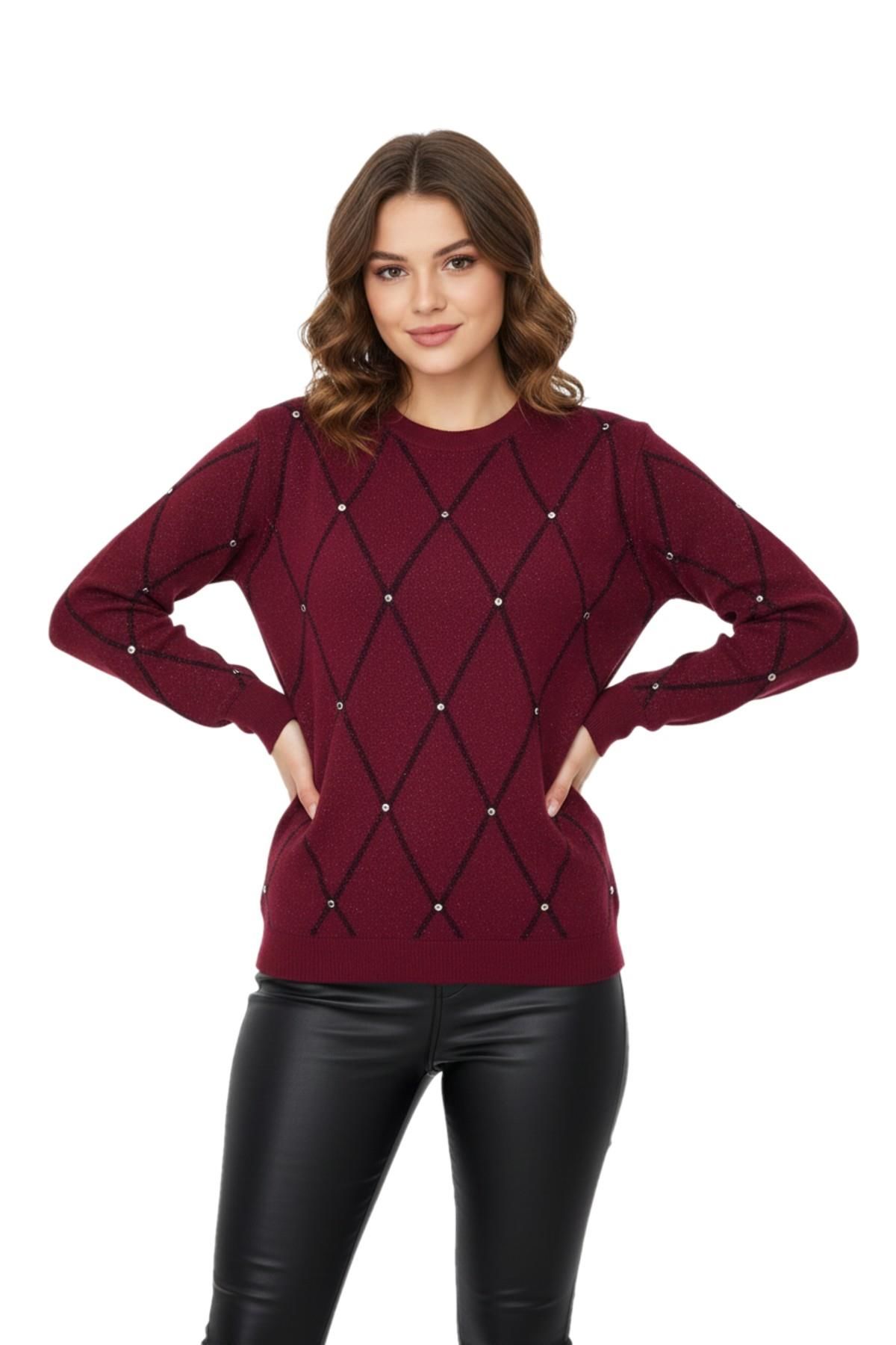 Kadın Sıfıryaka Yaka Baklava Dilim Taşlı Kazak BGL-ST05080