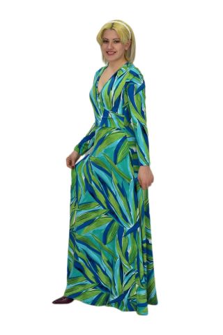 Kadın Yeşil Çiçek Desenli V Yaka Elbise BGL-ST03545