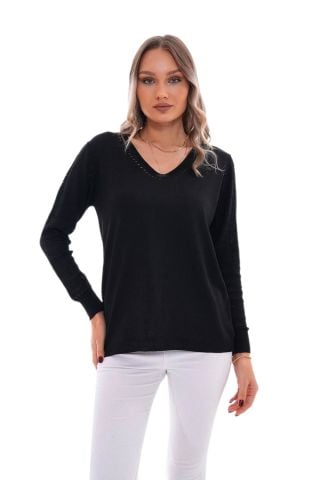 Kadın V Yaka Kol Desenli Kazak 12793 BGL-ST04096