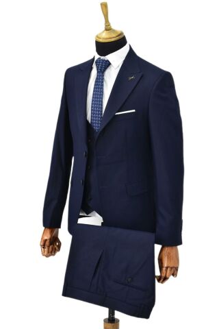 Erkek Lacivert Silim Fitt Yelekli Takım Elbise BGL-ST04304