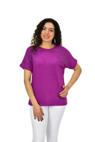 Kadın Yarım Kol Sıfıryaka Taşlı Likralı Tişöt  BGL-ST04655