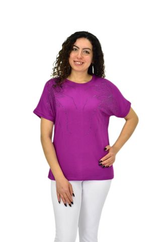 Kadın Yarım Kol Sıfıryaka Taşlı Likralı Tişöt  BGL-ST04655