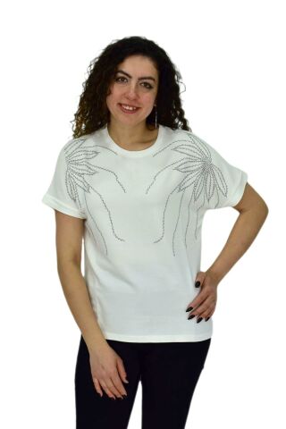 Kadın Yarım Kol Sıfıryaka Taşlı Likralı Tişöt  BGL-ST04655