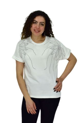 Kadın Yarım Kol Sıfıryaka Taşlı Likralı Tişöt  BGL-ST04655