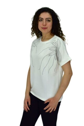 Kadın Yarım Kol Sıfıryaka Taşlı Likralı Tişöt  BGL-ST04655