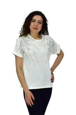 Kadın Yarım Kol Sıfıryaka Taşlı Likralı Tişöt  BGL-ST04655