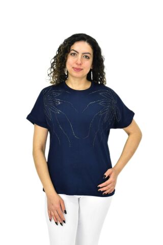 Kadın Yarım Kol Sıfıryaka Taşlı Likralı Tişöt  BGL-ST04655
