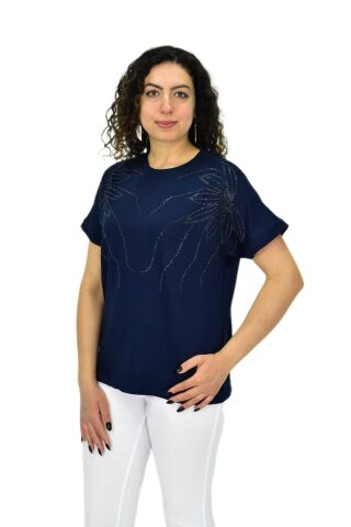Kadın Yarım Kol Sıfıryaka Taşlı Likralı Tişöt  BGL-ST04655