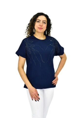 Kadın Yarım Kol Sıfıryaka Taşlı Likralı Tişöt  BGL-ST04655