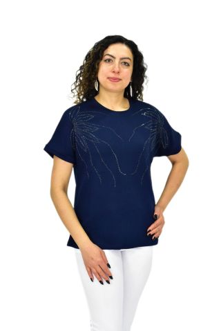 Kadın Yarım Kol Sıfıryaka Taşlı Likralı Tişöt  BGL-ST04655