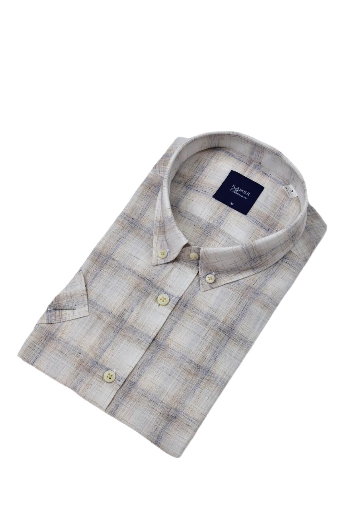 Erkek Klasik Ekose Kısa Kol Gömlek Pamuk Keten 9486 BGL-ST04584