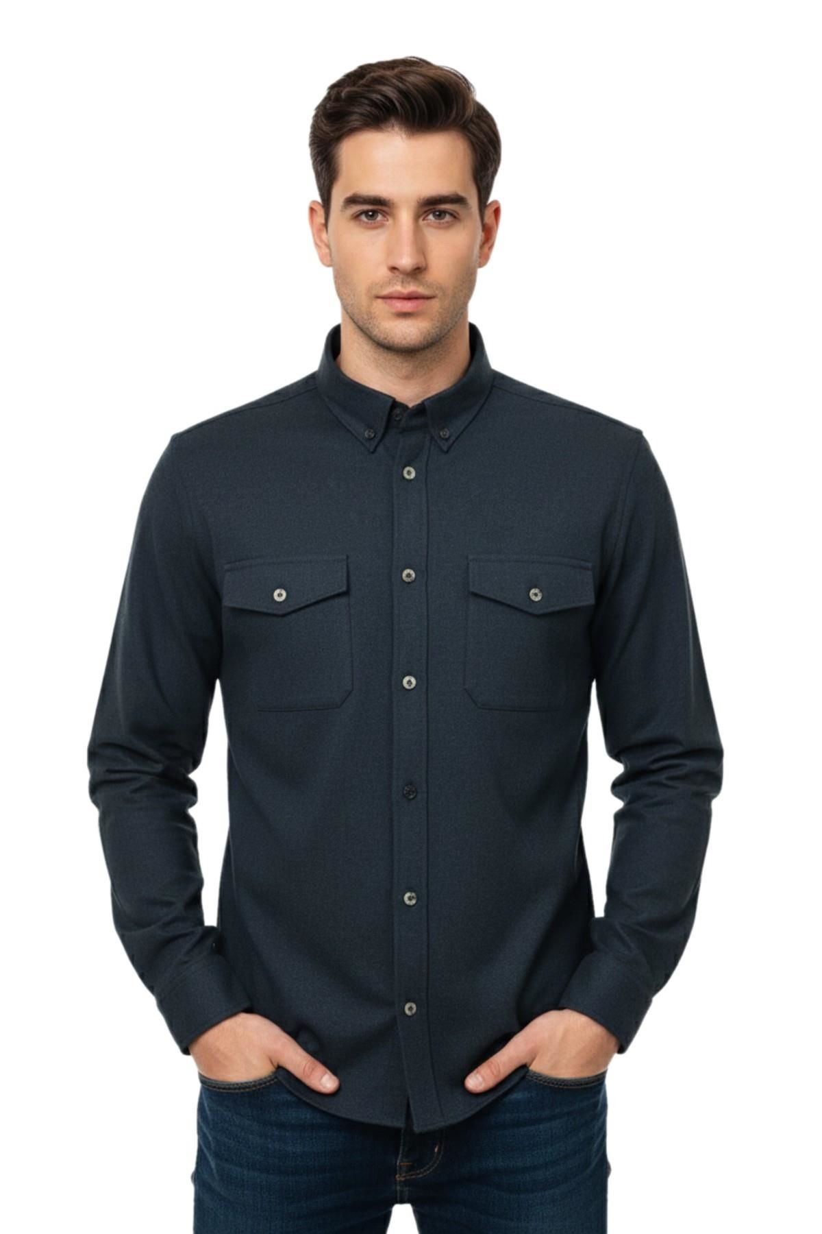 Erkek Kışlık Slim Fitt Uzun Kol Çift Cep Kapak Gömlek 2414 BGL-ST04797