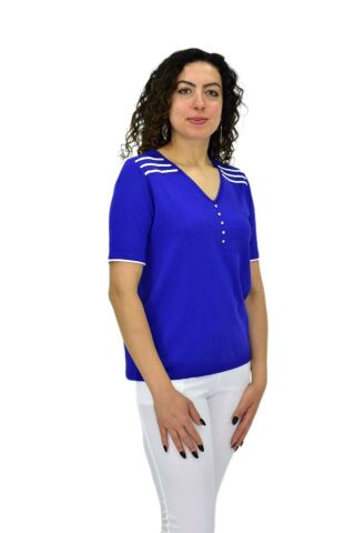 Kadın Yarım Kol V Yaka Taşlı Triko Tişöt 12857 BGL-ST04656