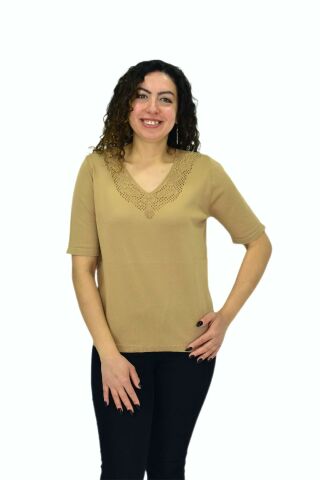 Kadın Yarım Kol V Yaka Yaka Sırt Detaylı Triko Tişöt 12835 BGL-ST04657