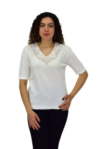 Kadın Yarım Kol V Yaka Yaka Sırt Detaylı Triko Tişöt 12835 BGL-ST04657