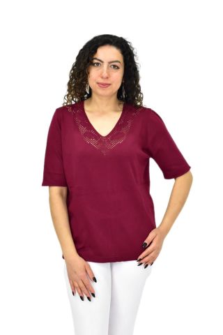 Kadın Yarım Kol V Yaka Yaka Sırt Detaylı Triko Tişöt 12837 BGL-ST04658