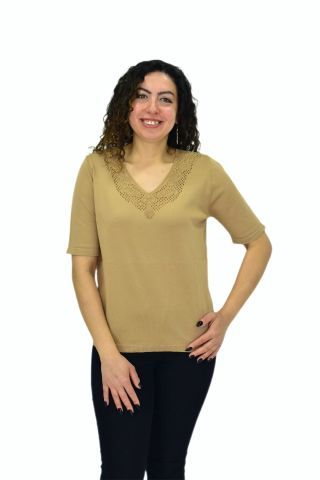 Kadın Yarım Kol V Yaka Yaka Sırt Detaylı Triko Tişöt 12837 BGL-ST04658
