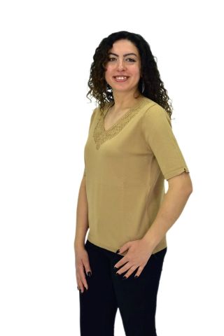 Kadın Yarım Kol V Yaka Yaka Sırt Detaylı Triko Tişöt 12837 BGL-ST04658