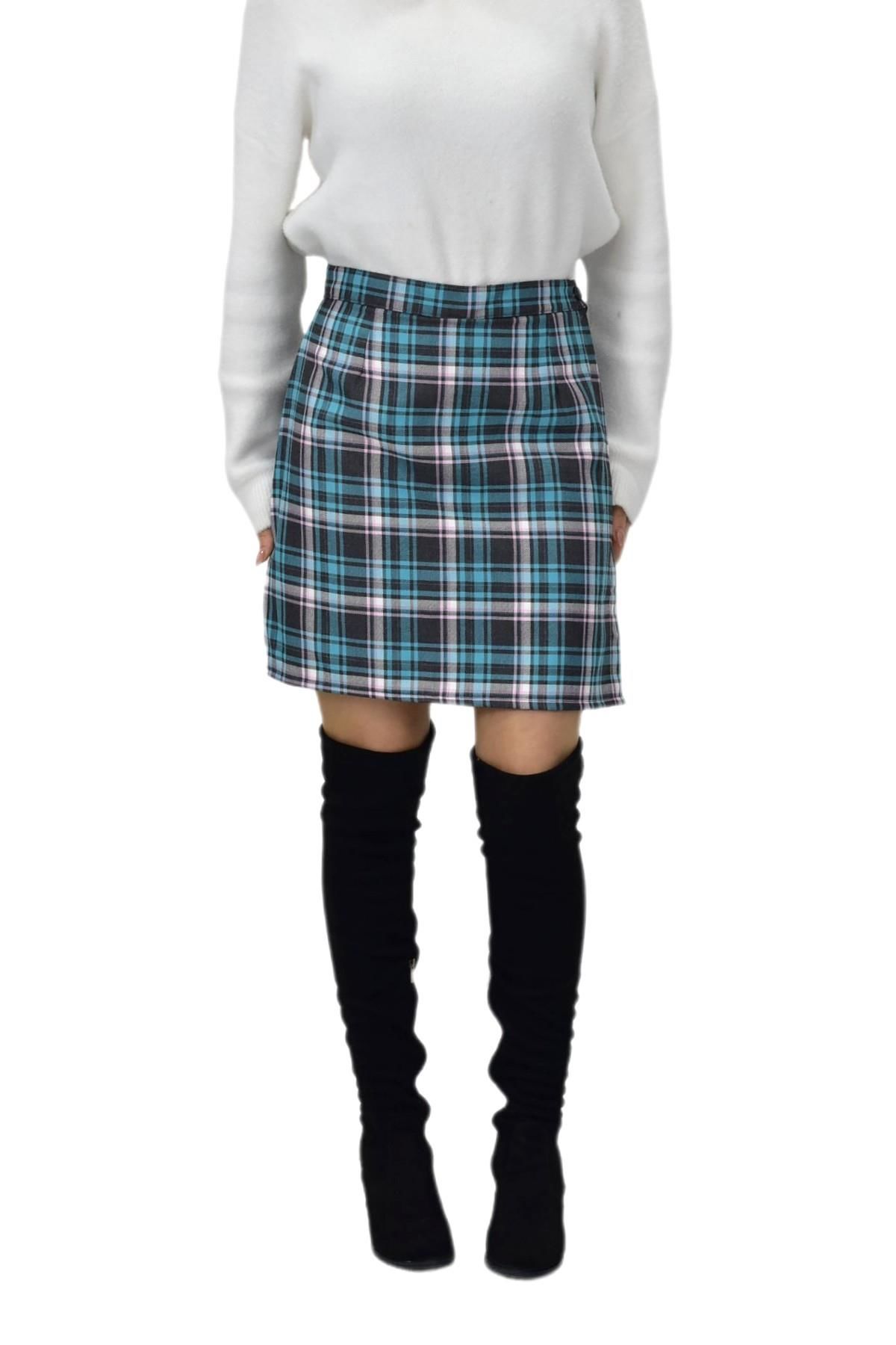 Kadın Ekose Kolej Şort Etek Yeşil Füme MNS-26