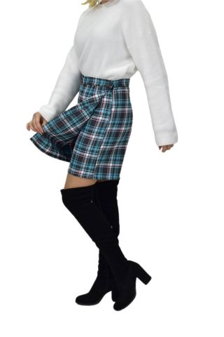 Kadın Ekose Kolej Şort Etek Yeşil Füme MNS-26