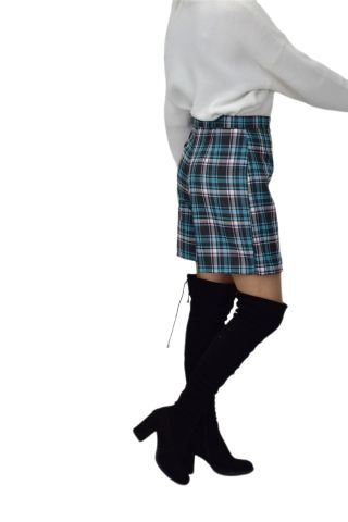 Kadın Ekose Kolej Şort Etek Yeşil Füme MNS-26