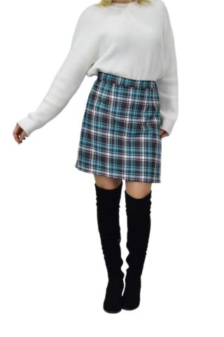 Kadın Ekose Kolej Şort Etek Yeşil Füme MNS-26