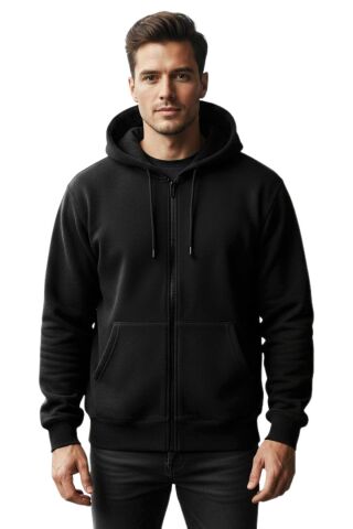 Erkek Kapüşonlu Fermuarlı Siyah Sweatshirt 3 İplik BGL-ST04791