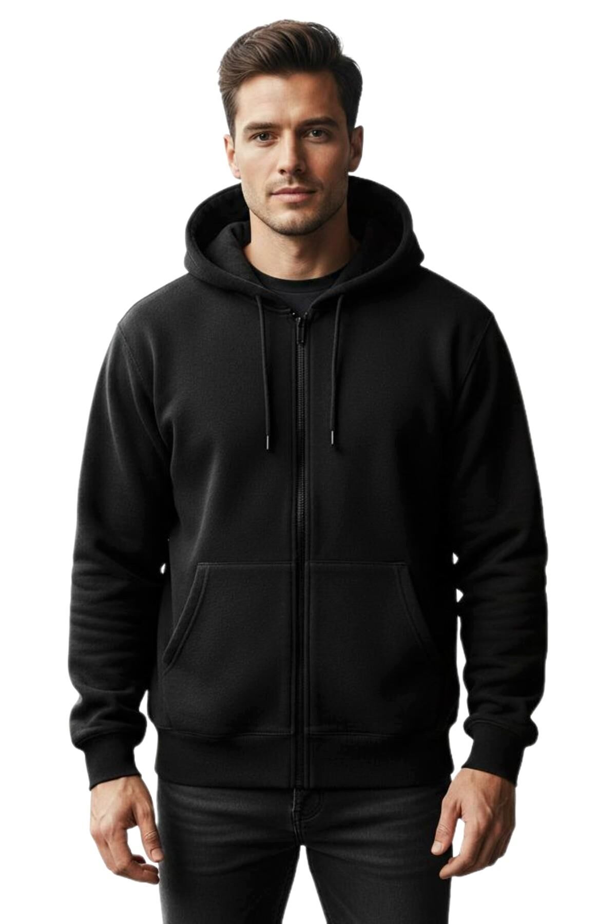 Erkek Kapüşonlu Fermuarlı Siyah Sweatshirt 3 İplik BGL-ST04791