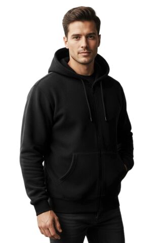 Erkek Kapüşonlu Fermuarlı Siyah Sweatshirt 3 İplik BGL-ST04791